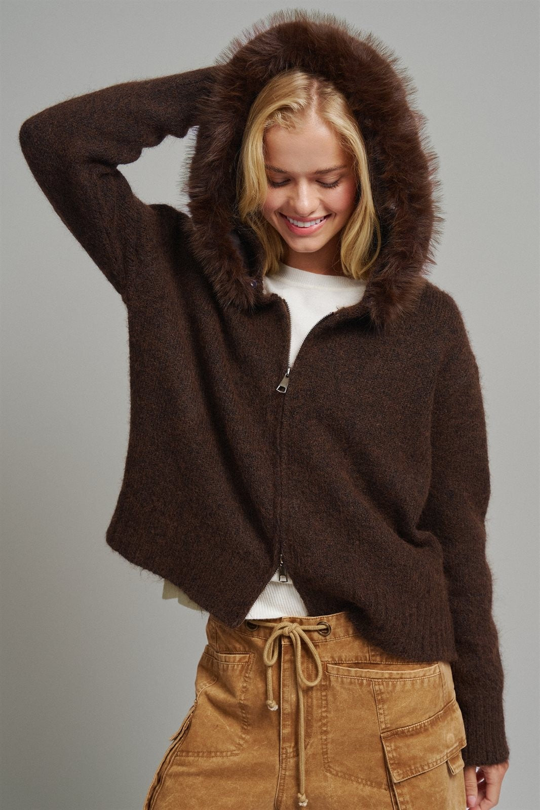 Faux Fur Trim Hooded Zip Up Knit Cardigan in Brown - Women's Cardigans & Shrugs | Urban Daizy