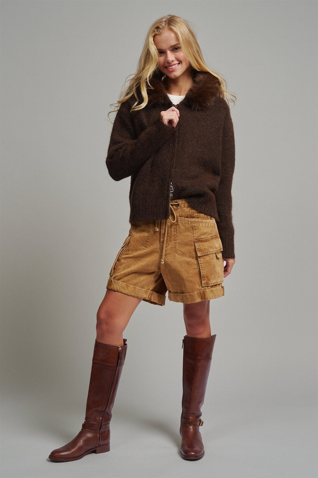 Faux Fur Trim Hooded Zip Up Knit Cardigan in Brown - Women's Cardigans & Shrugs | Urban Daizy