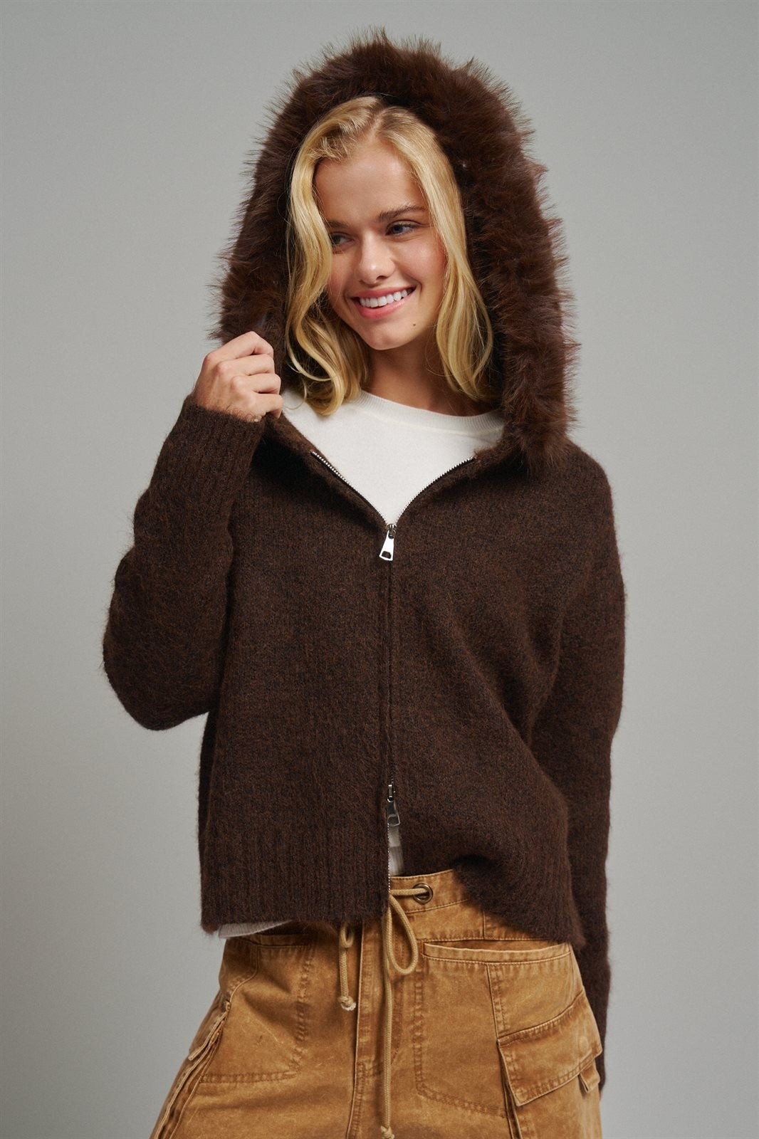 Faux Fur Trim Hooded Zip Up Knit Cardigan in Brown - Women's Cardigans & Shrugs | Urban Daizy