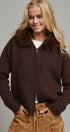 Faux Fur Trim Hooded Zip Up Knit Cardigan in Brown - Women's Cardigans & Shrugs | Urban Daizy