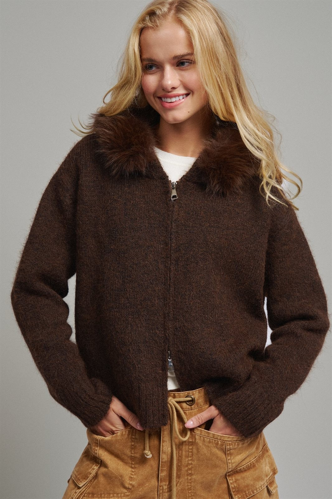 Faux Fur Trim Hooded Zip Up Knit Cardigan in Brown - Women's Cardigans & Shrugs | Urban Daizy