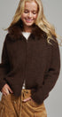 Faux Fur Trim Hooded Zip Up Knit Cardigan in Brown - Women's Cardigans & Shrugs | Urban Daizy