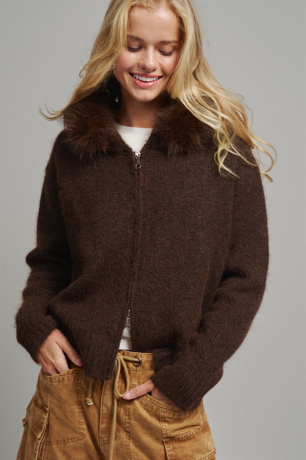 Faux Fur Trim Hooded Zip Up Knit Cardigan in Brown - Women's Cardigans & Shrugs | Urban Daizy