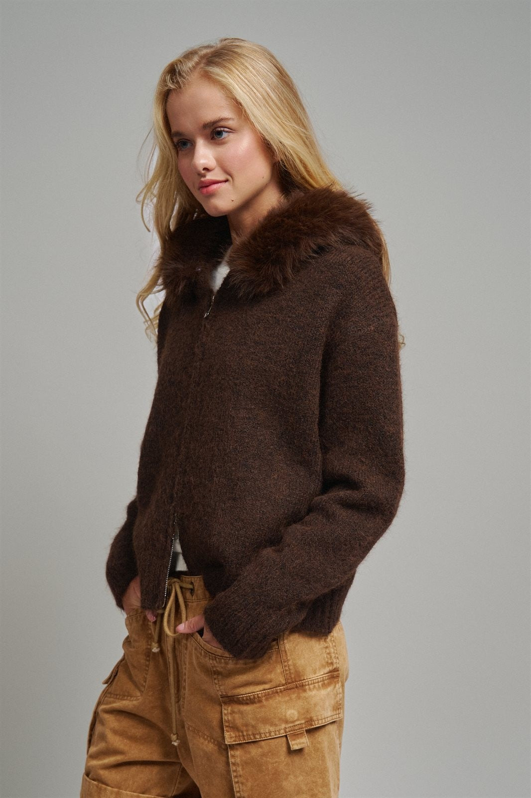 Faux Fur Trim Hooded Zip Up Knit Cardigan in Brown - Women's Cardigans & Shrugs | Urban Daizy