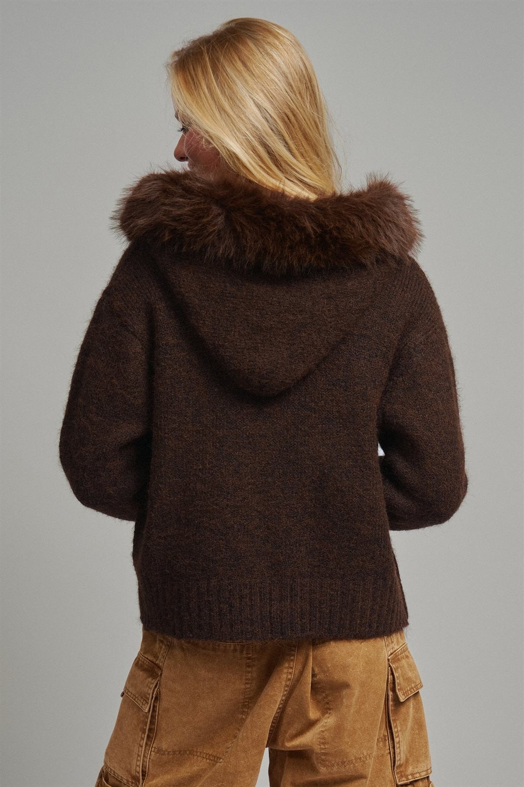 Faux Fur Trim Hooded Zip Up Knit Cardigan in Brown - Women's Cardigans & Shrugs | Urban Daizy