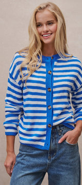 Coastal Breton Stripe Button Cardigan in Ivory Blue - Women's Cardigans & Shrugs | Urban Daizy