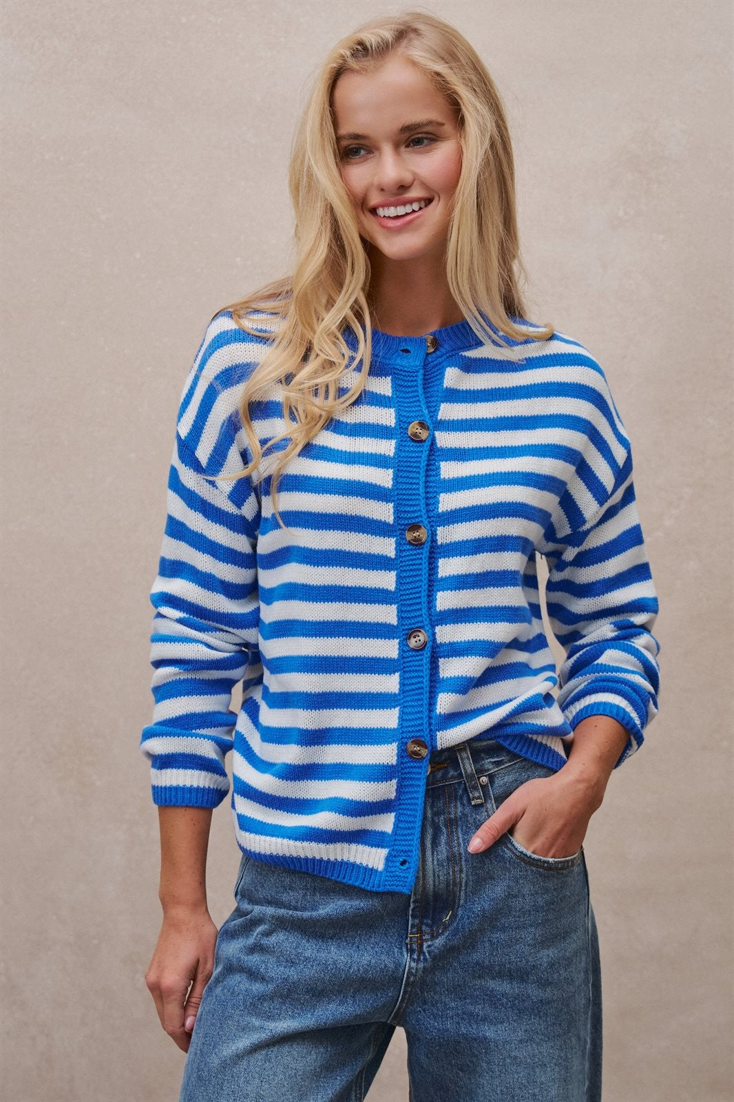 Coastal Breton Stripe Button Cardigan in Ivory Blue - Women's Cardigans & Shrugs | Urban Daizy