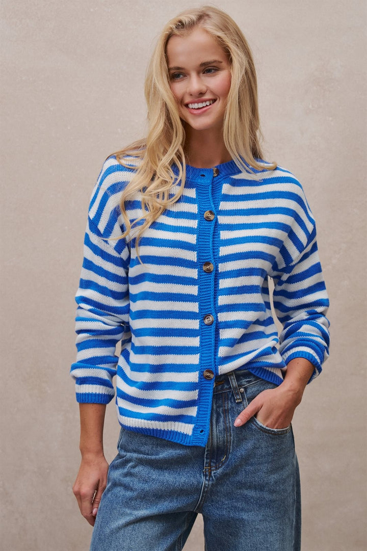 Coastal Breton Stripe Button Cardigan in Ivory Blue - Women's Cardigans & Shrugs | Urban Daizy