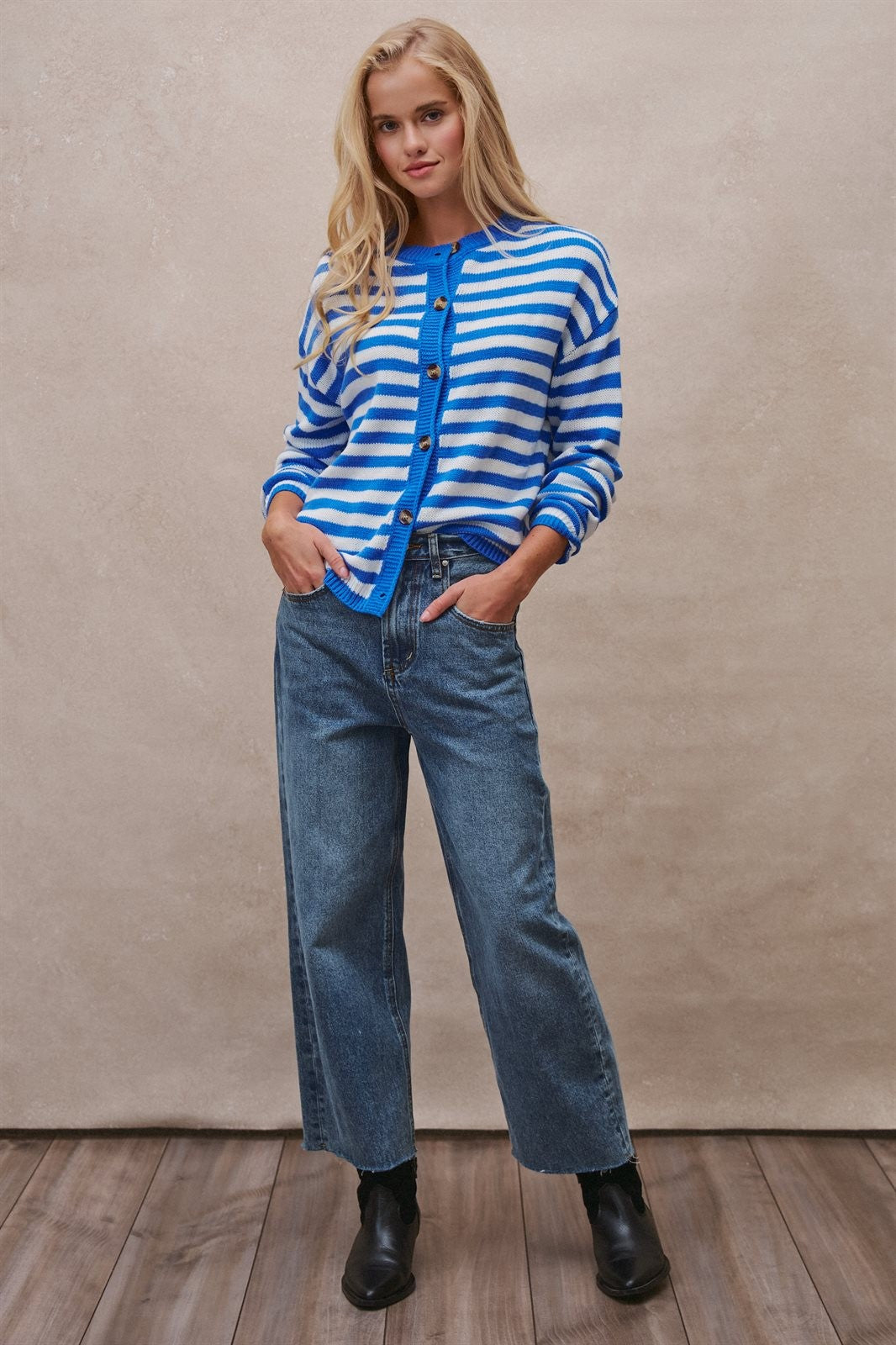 Coastal Breton Stripe Button Cardigan in Ivory Blue - Women's Cardigans & Shrugs | Urban Daizy