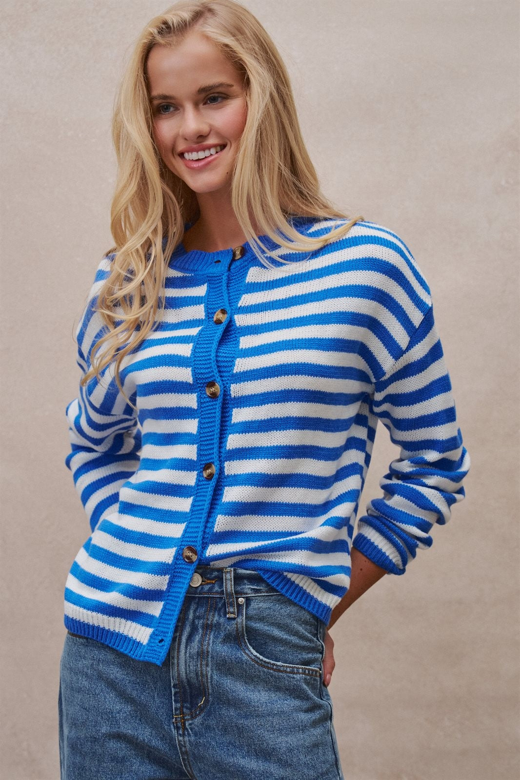 Coastal Breton Stripe Button Cardigan in Ivory Blue - Women's Cardigans & Shrugs | Urban Daizy