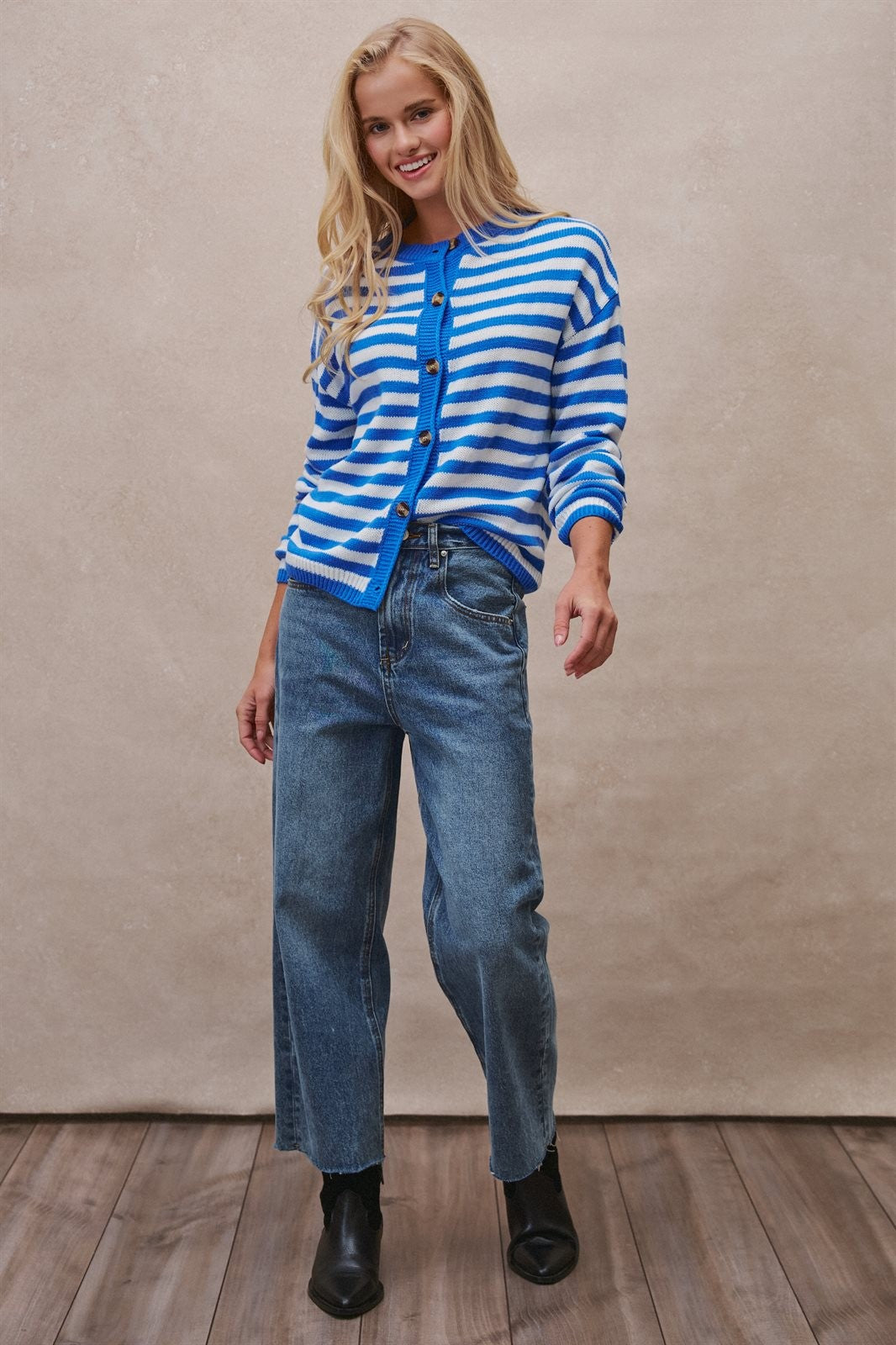 Coastal Breton Stripe Button Cardigan in Ivory Blue - Women's Cardigans & Shrugs | Urban Daizy
