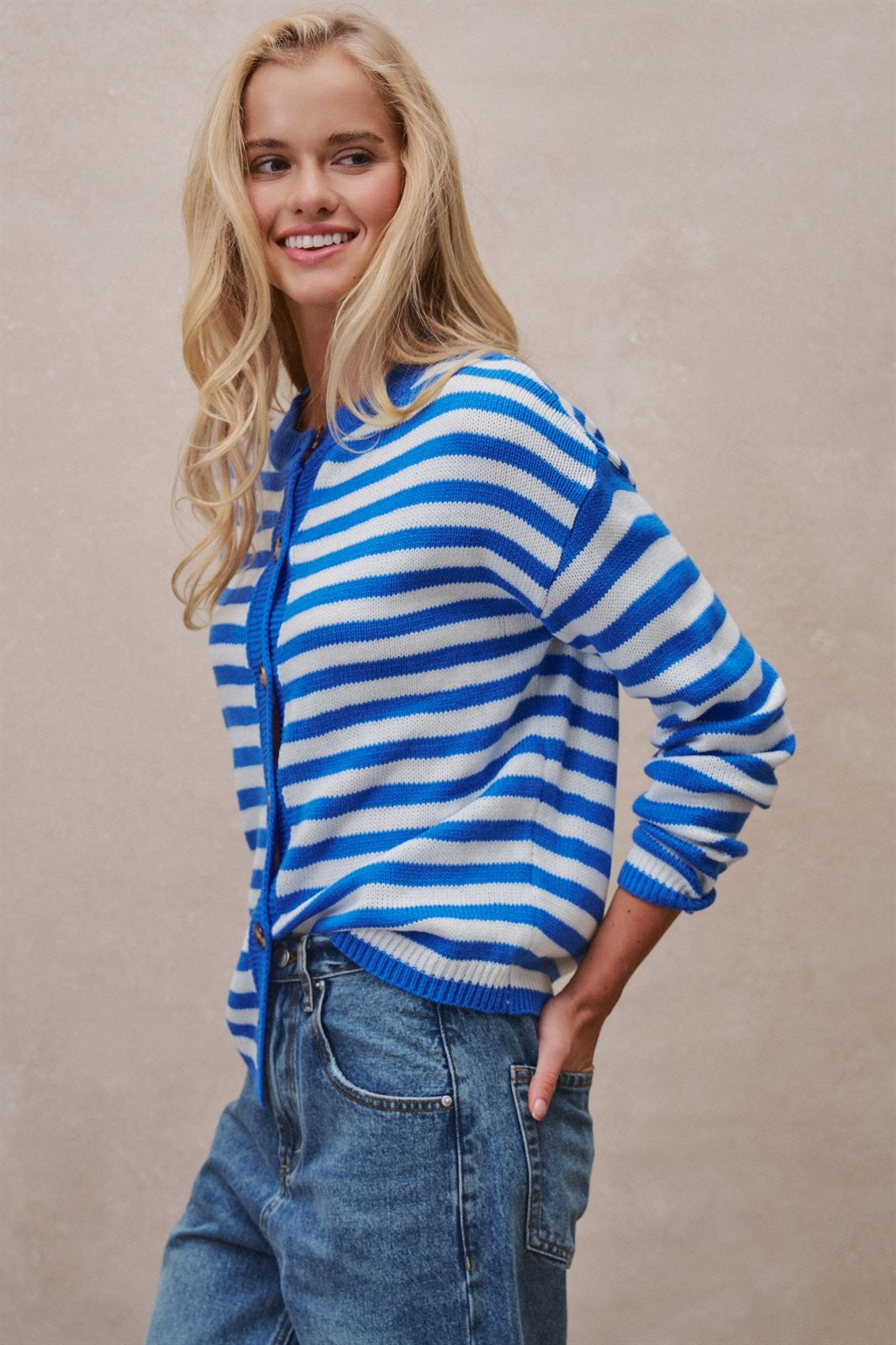 Coastal Breton Stripe Button Cardigan in Ivory Blue - Women's Cardigans & Shrugs | Urban Daizy