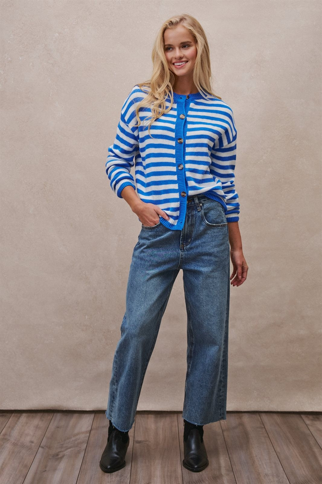 Coastal Breton Stripe Button Cardigan in Ivory Blue - Women's Cardigans & Shrugs | Urban Daizy