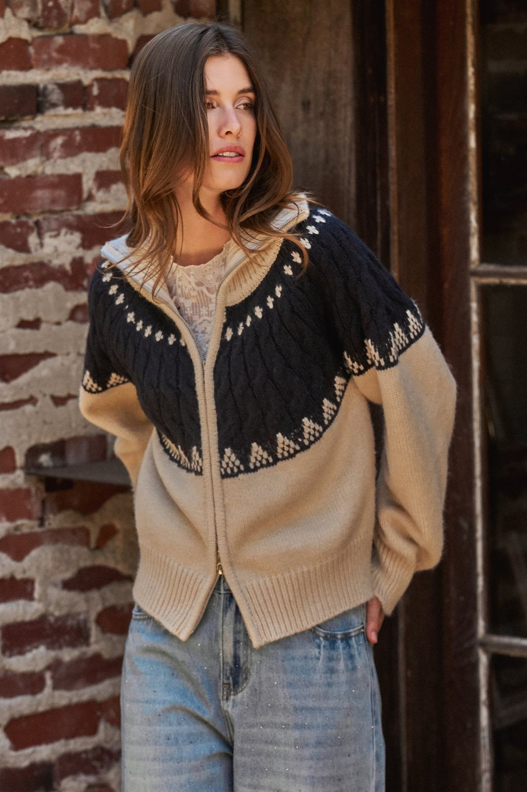 Alpine Fair Isle Zip-Up Cardigan in Ivory Navy - Women's Cardigans & Shrugs | Urban Daizy