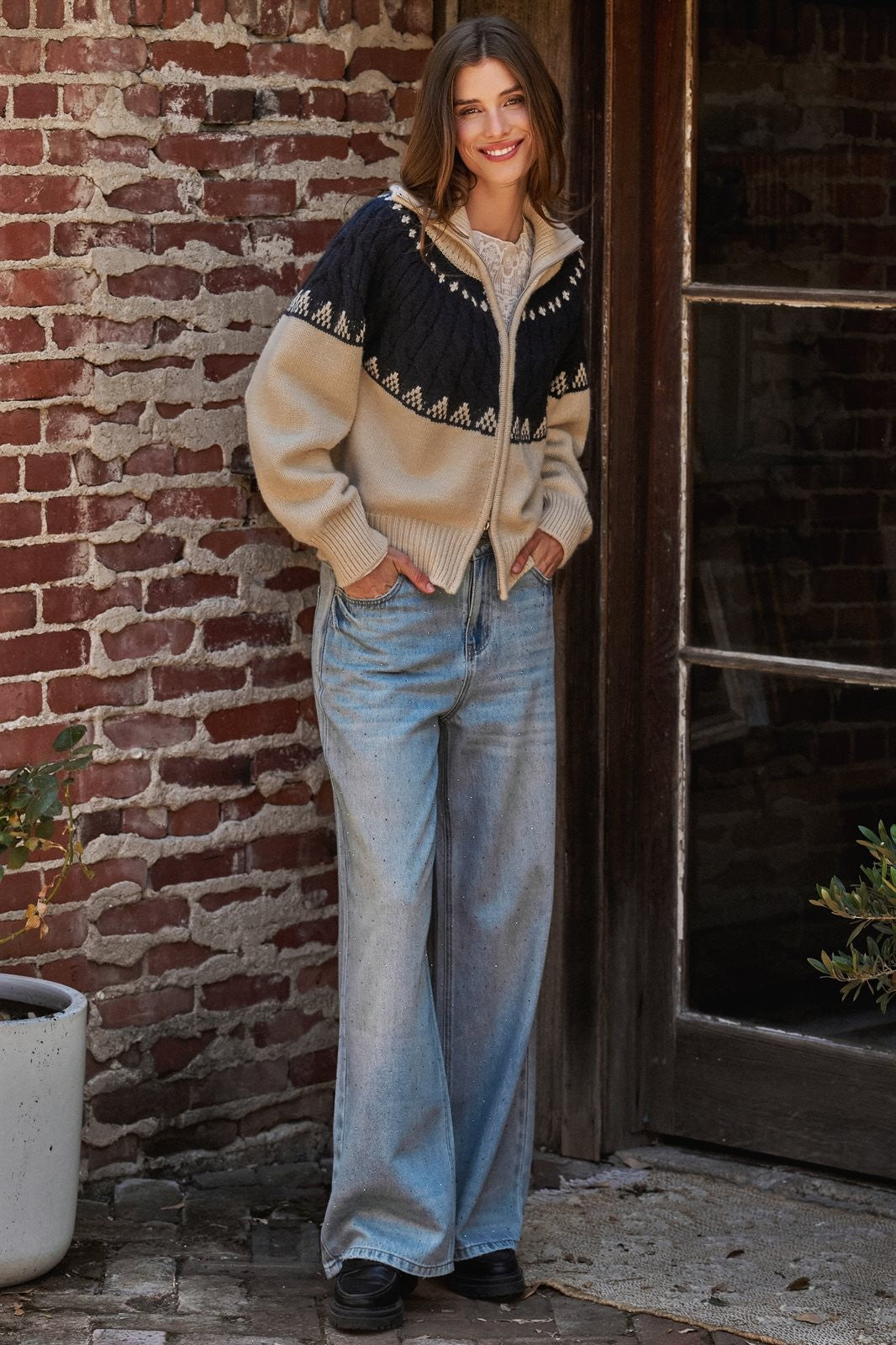 Alpine Fair Isle Zip-Up Cardigan in Ivory Navy - Women's Cardigans & Shrugs | Urban Daizy