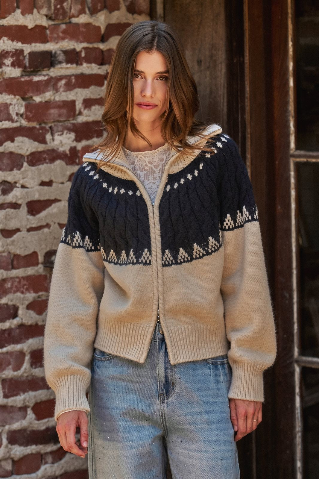 Alpine Fair Isle Zip-Up Cardigan in Ivory Navy - Women's Cardigans & Shrugs | Urban Daizy