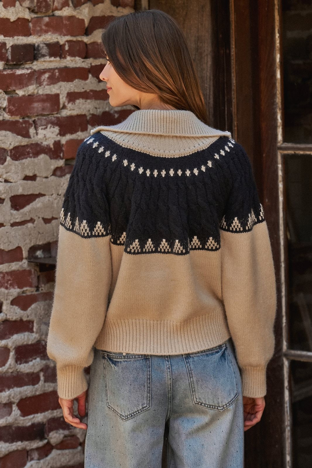 Alpine Fair Isle Zip-Up Cardigan in Ivory Navy - Women's Cardigans & Shrugs | Urban Daizy