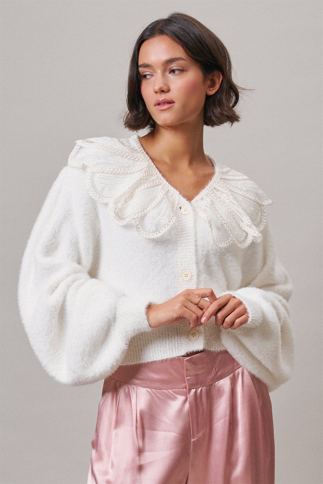 Storybook Lace Collar Knit Cardigan in Ivory - Women's Cardigans & Shrugs | Urban Daizy