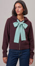 Contrast Bow Tie Knit Hoodie Zip-Up Sweater in Burgundy - Women's Cardigans & Shrugs | Urban Daizy
