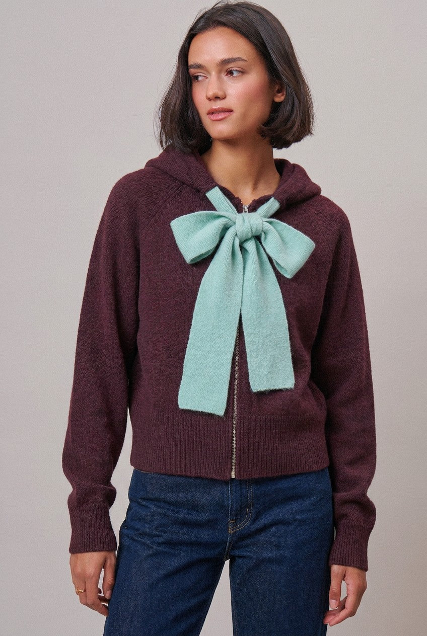 Contrast Bow Tie Knit Hoodie Zip-Up Sweater in Burgundy - Women's Cardigans & Shrugs | Urban Daizy