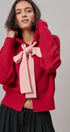 Contrast Bow Tie Knit Hoodie Zip-Up Sweater in Red Pink - Women's Cardigans & Shrugs | Urban Daizy