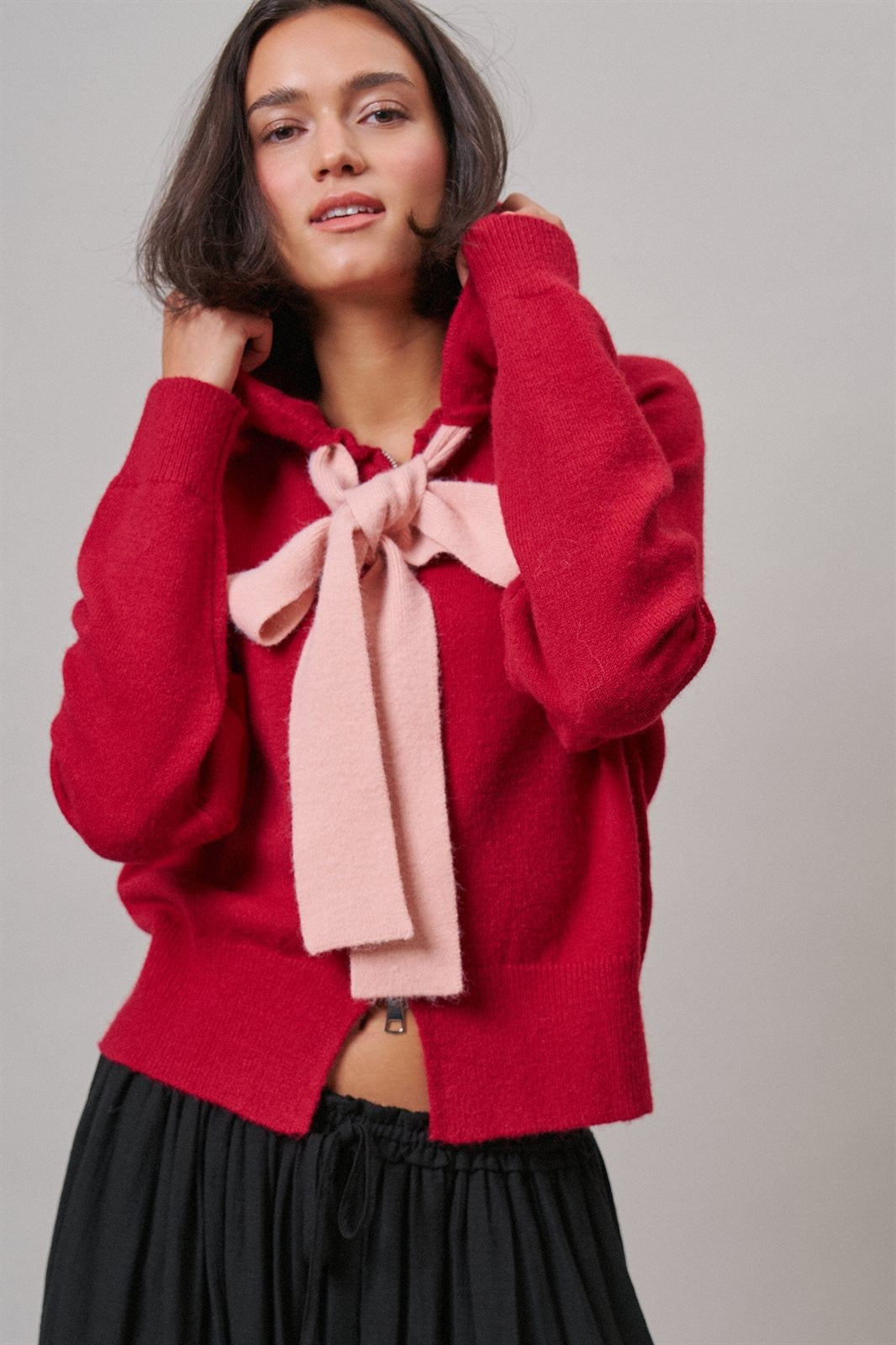 Contrast Bow Tie Knit Hoodie Zip-Up Sweater in Red Pink - Women's Cardigans & Shrugs | Urban Daizy