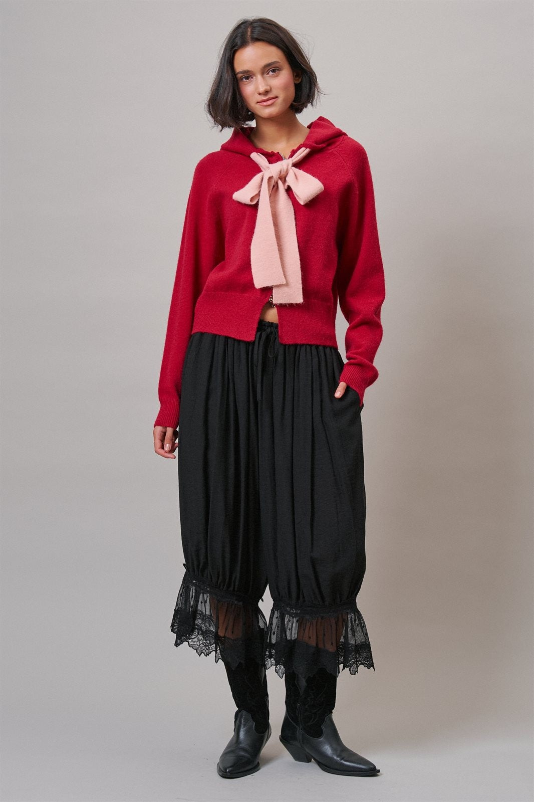 Contrast Bow Tie Knit Hoodie Zip-Up Sweater in Red Pink - Women's Cardigans & Shrugs | Urban Daizy