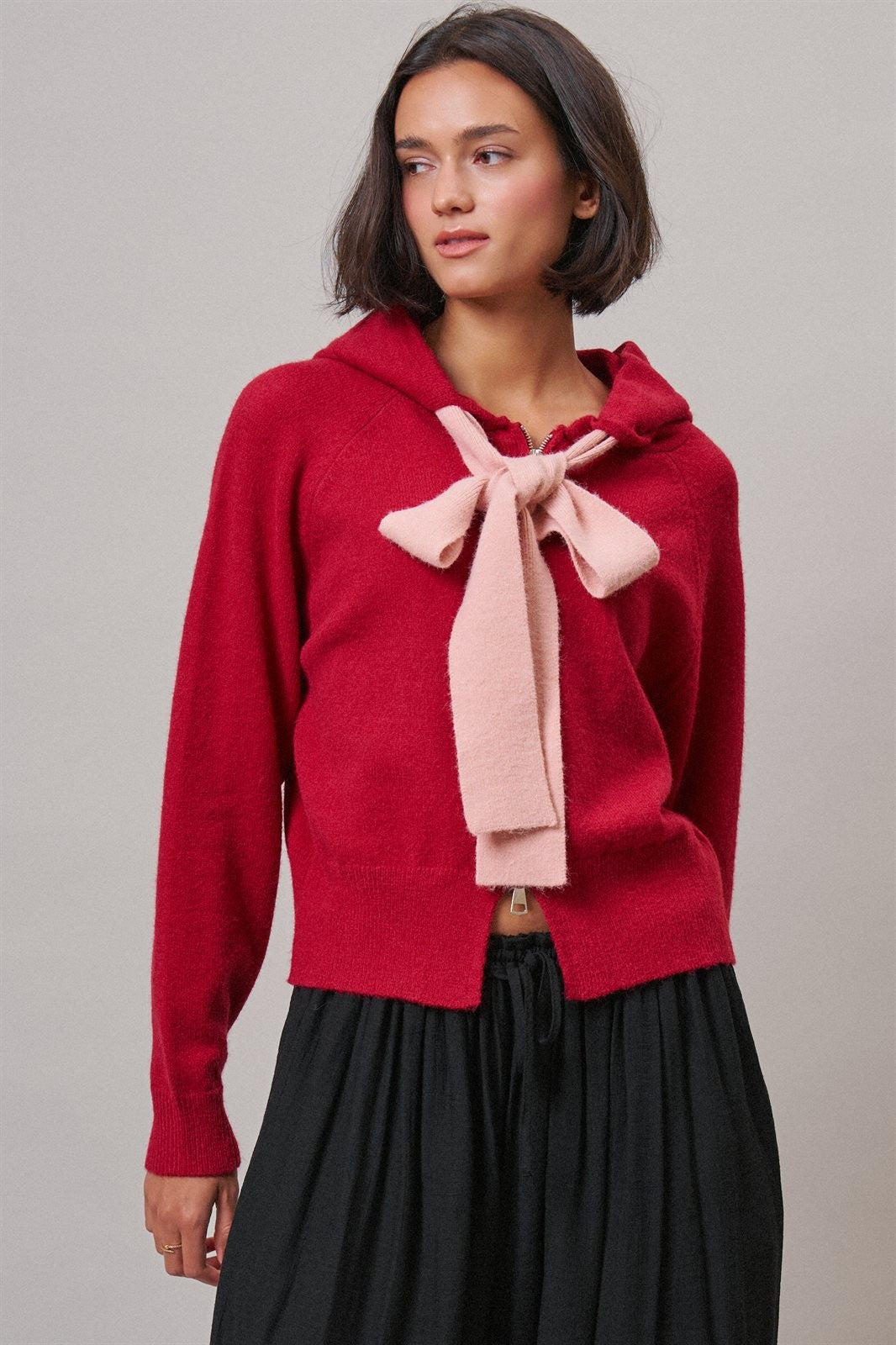 Contrast Bow Tie Knit Hoodie Zip-Up Sweater in Red Pink - Women's Cardigans & Shrugs | Urban Daizy