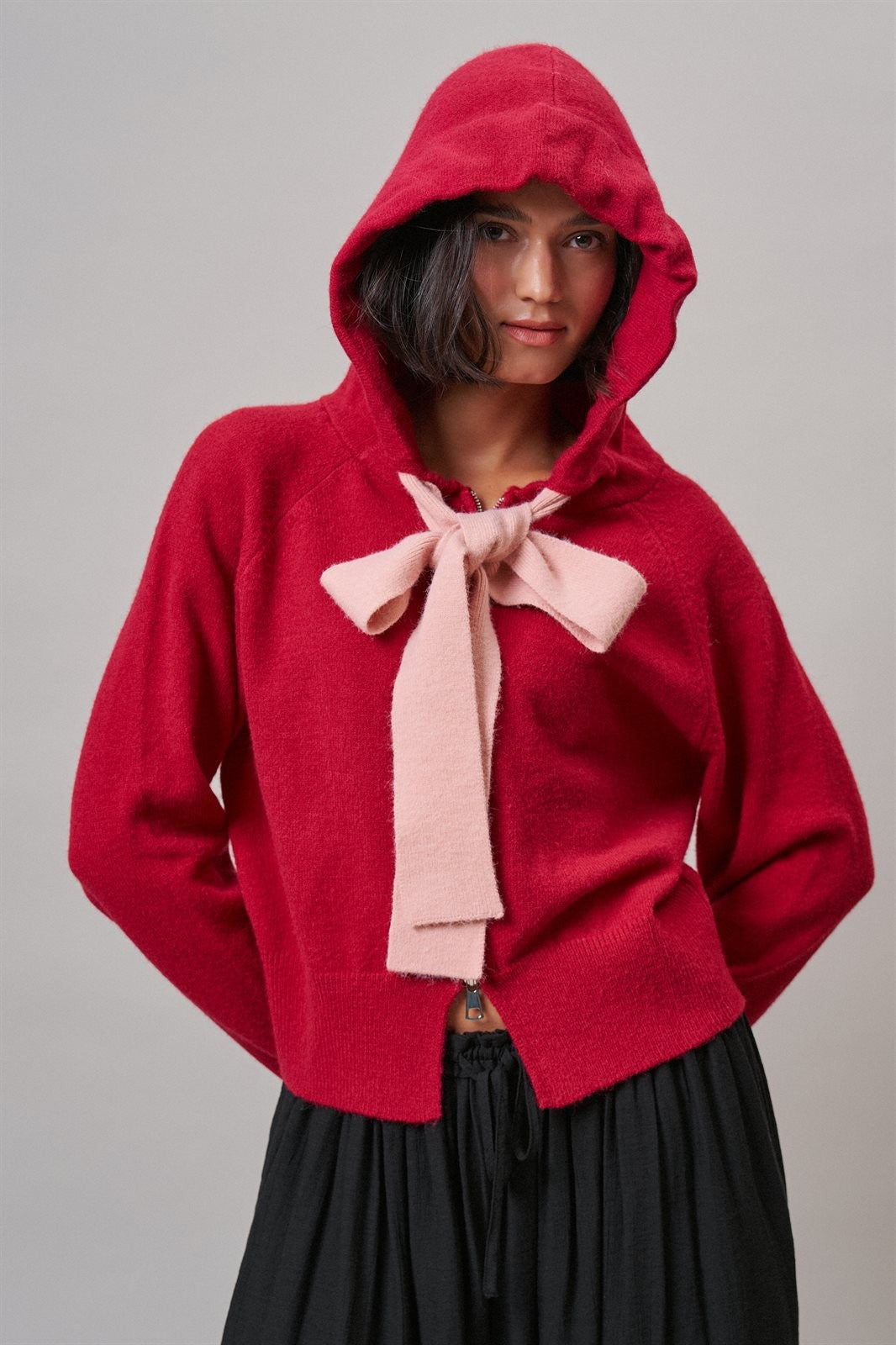 Contrast Bow Tie Knit Hoodie Zip-Up Sweater in Red Pink - Women's Cardigans & Shrugs | Urban Daizy