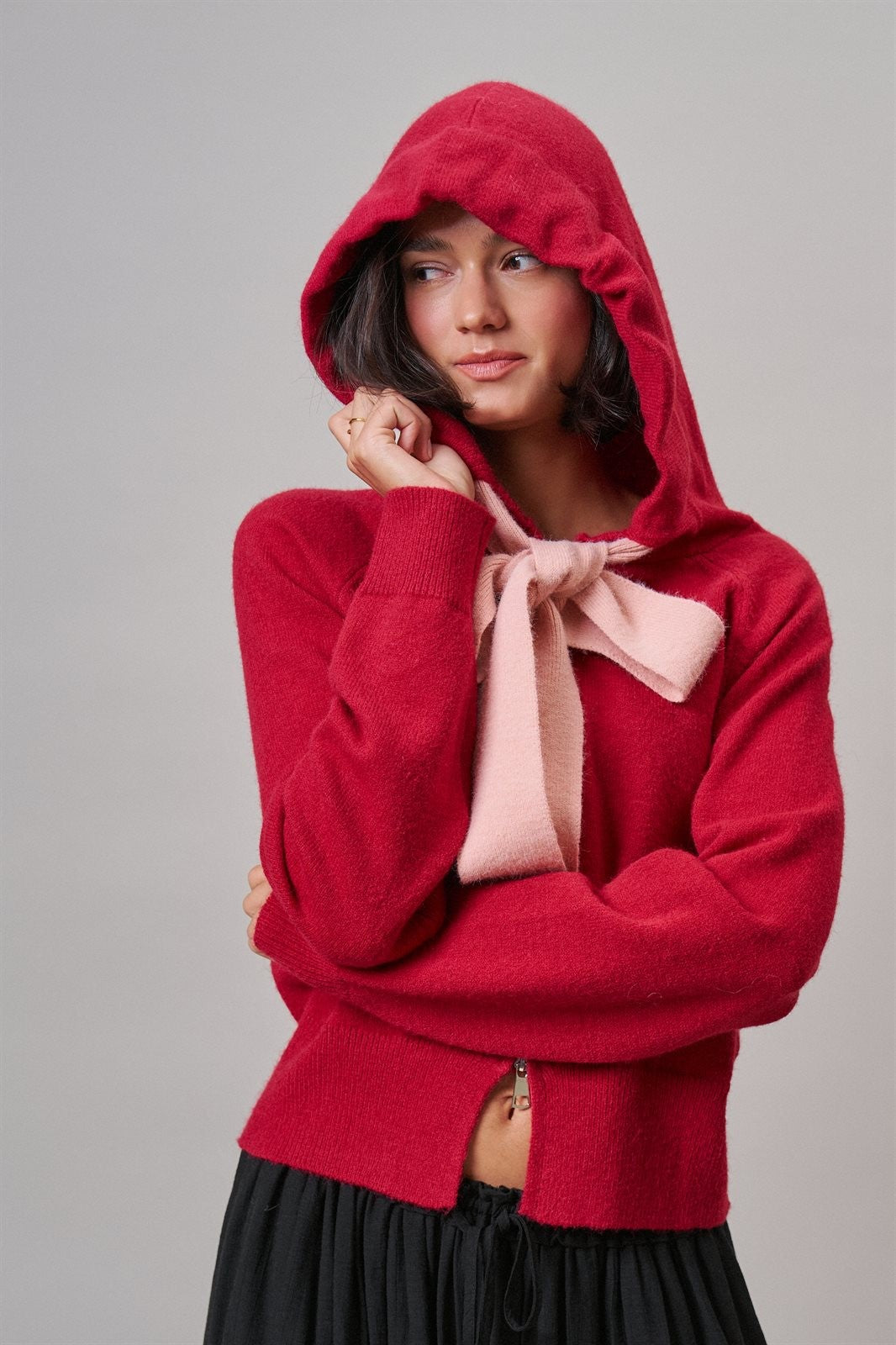 Contrast Bow Tie Knit Hoodie Zip-Up Sweater in Red Pink - Women's Cardigans & Shrugs | Urban Daizy