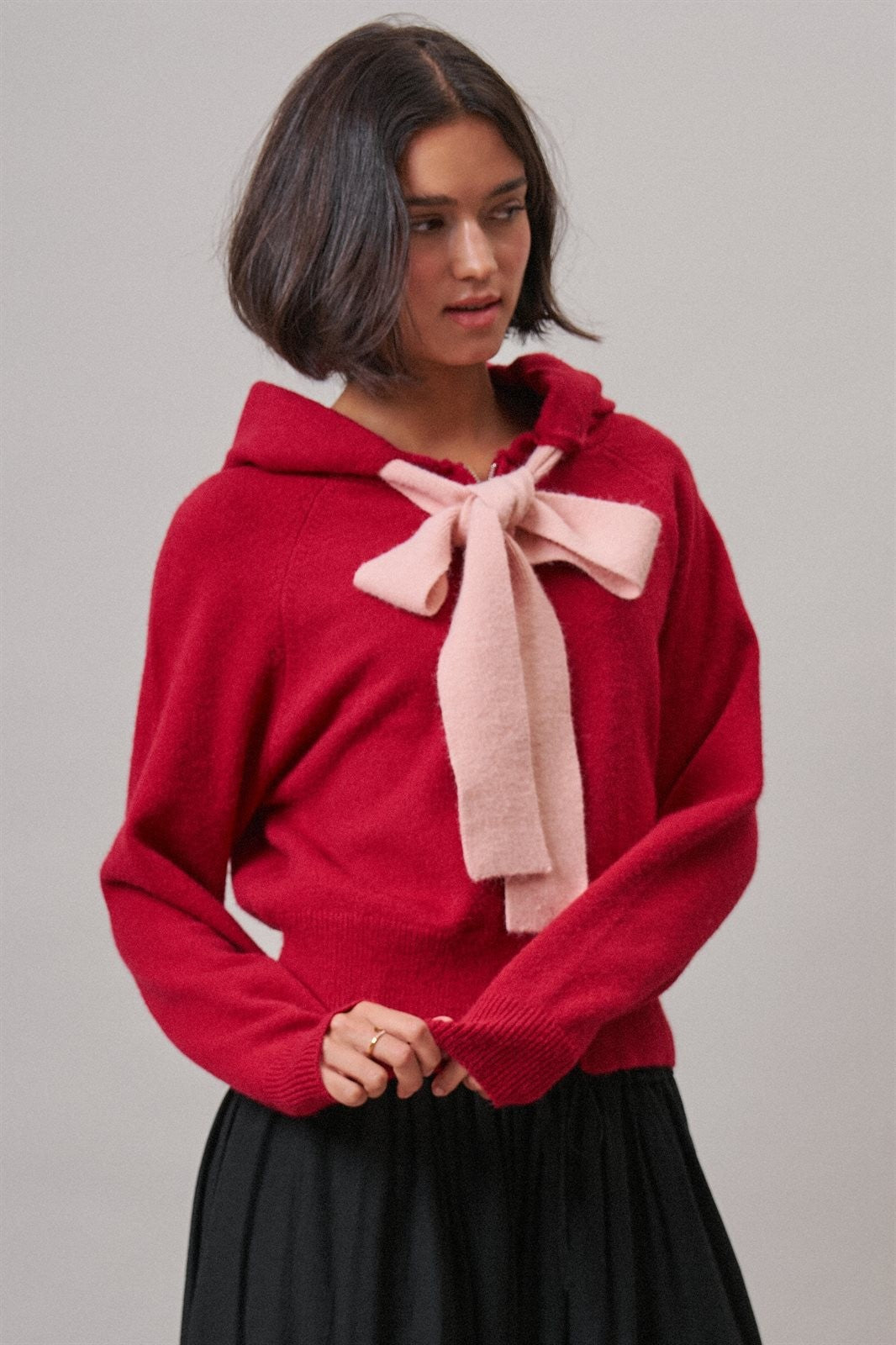 Contrast Bow Tie Knit Hoodie Zip-Up Sweater in Red Pink - Women's Cardigans & Shrugs | Urban Daizy