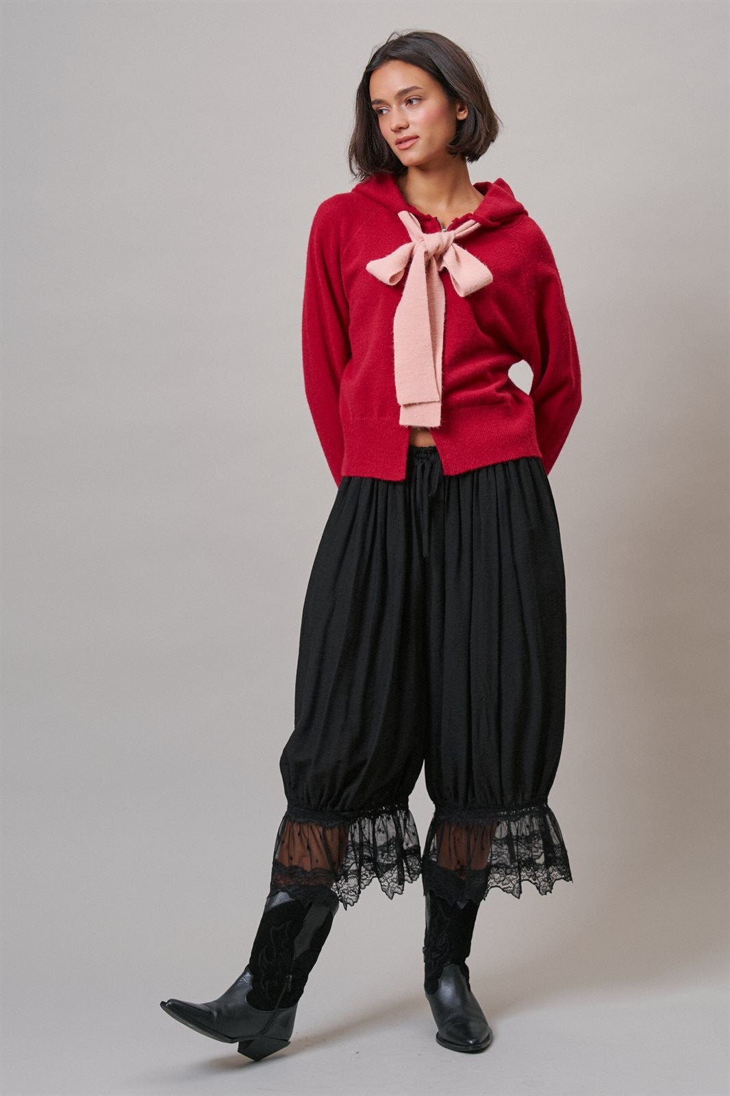 Contrast Bow Tie Knit Hoodie Zip-Up Sweater in Red Pink - Women's Cardigans & Shrugs | Urban Daizy