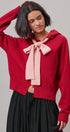 Contrast Bow Tie Knit Hoodie Zip-Up Sweater in Red Pink - Women's Cardigans & Shrugs | Urban Daizy