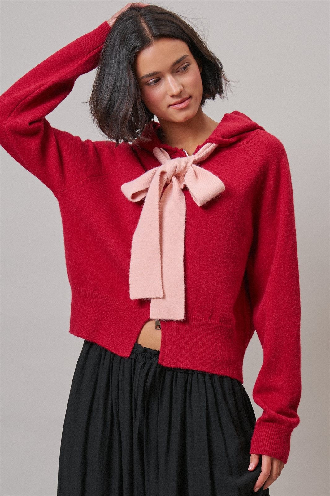 Contrast Bow Tie Knit Hoodie Zip-Up Sweater in Red Pink - Women's Cardigans & Shrugs | Urban Daizy