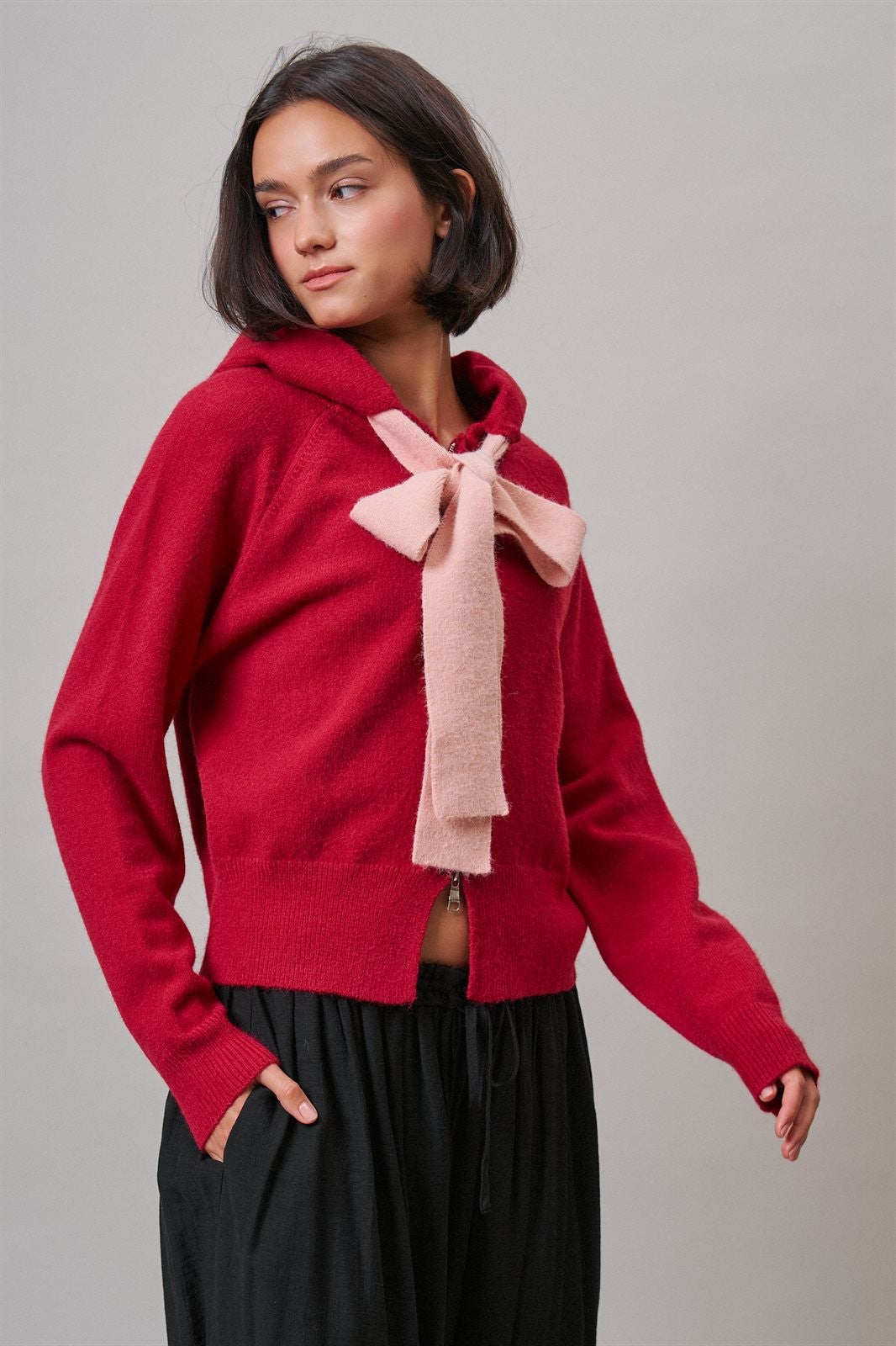 Contrast Bow Tie Knit Hoodie Zip-Up Sweater in Red Pink - Women's Cardigans & Shrugs | Urban Daizy