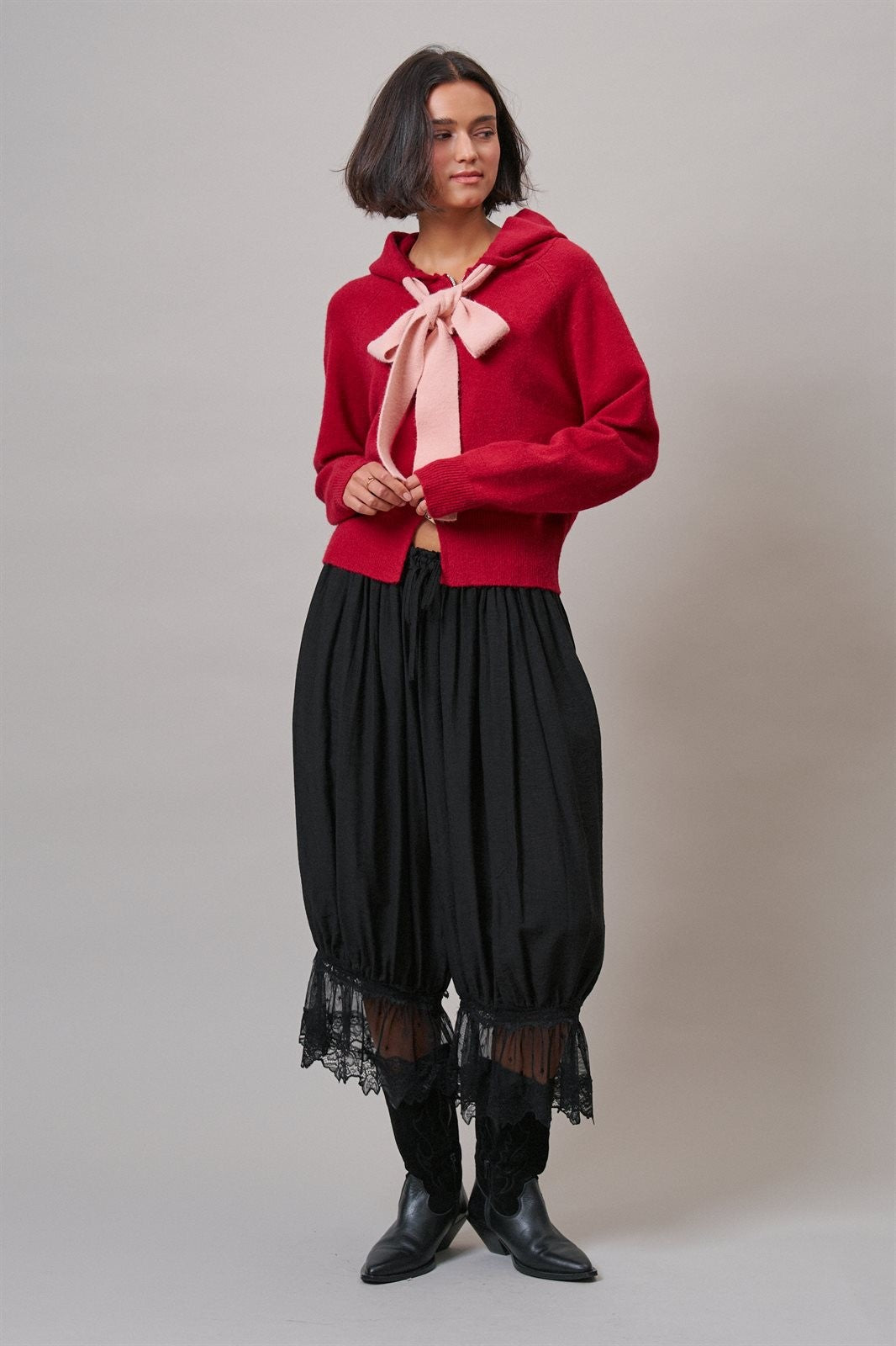 Contrast Bow Tie Knit Hoodie Zip-Up Sweater in Red Pink - Women's Cardigans & Shrugs | Urban Daizy