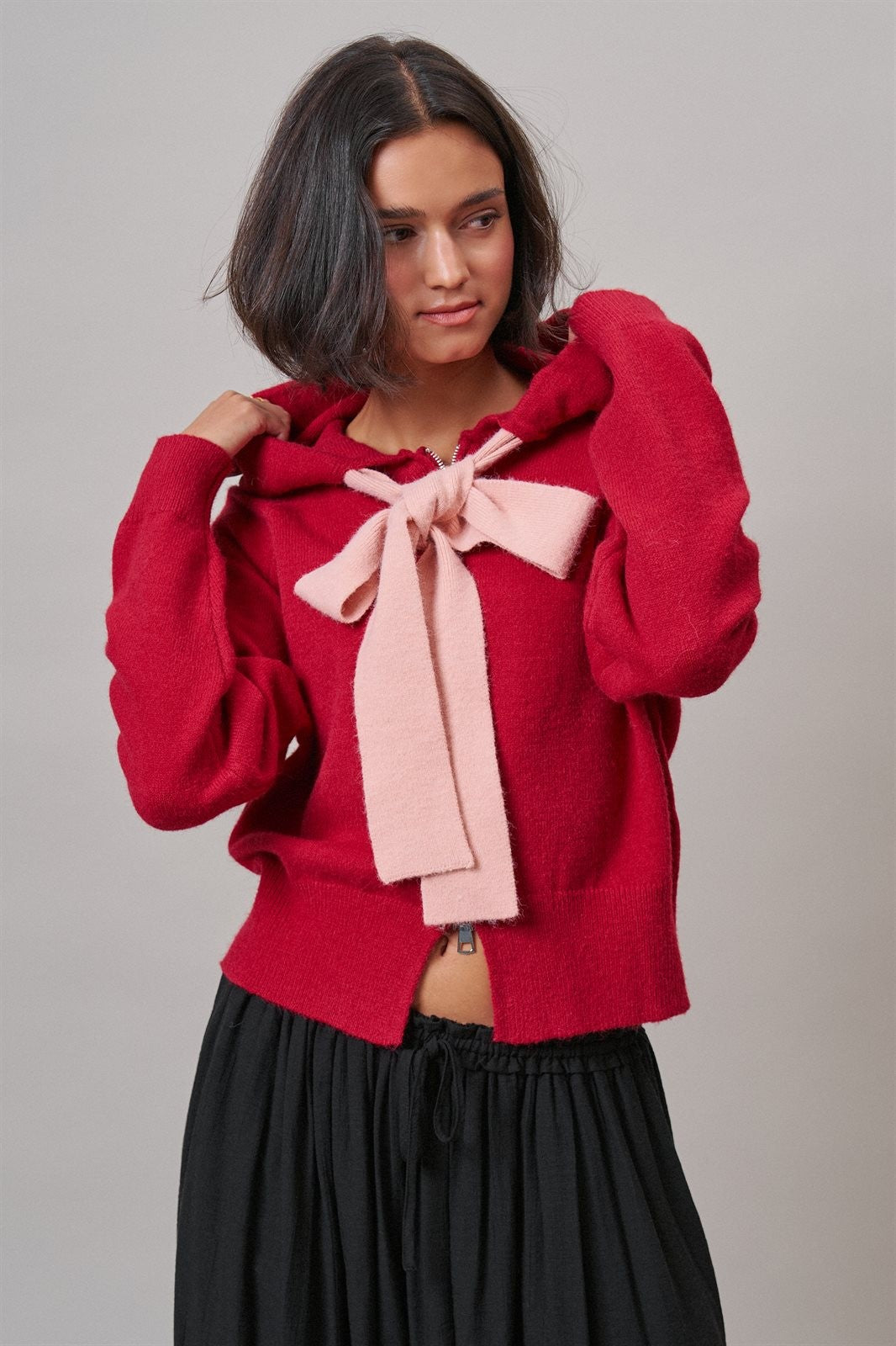 Contrast Bow Tie Knit Hoodie Zip-Up Sweater in Red Pink - Women's Cardigans & Shrugs | Urban Daizy