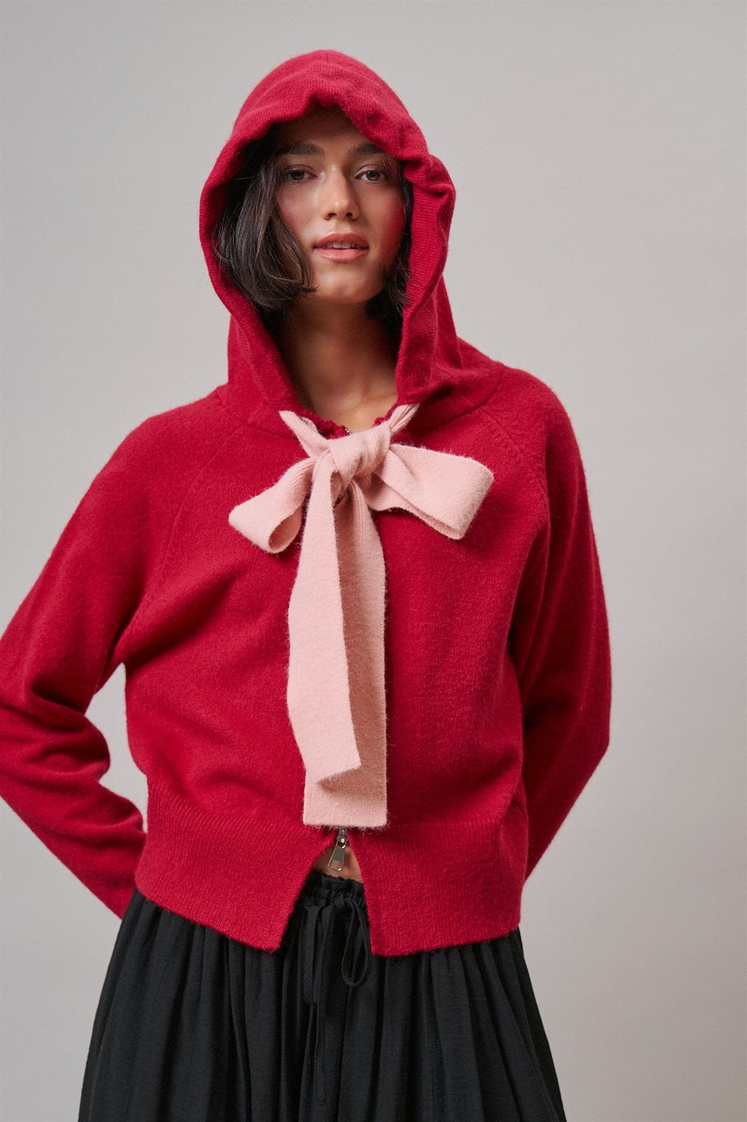 Contrast Bow Tie Knit Hoodie Zip-Up Sweater in Red Pink - Women's Cardigans & Shrugs | Urban Daizy
