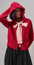 Contrast Bow Tie Knit Hoodie Zip-Up Sweater in Red Pink - Women's Cardigans & Shrugs | Urban Daizy