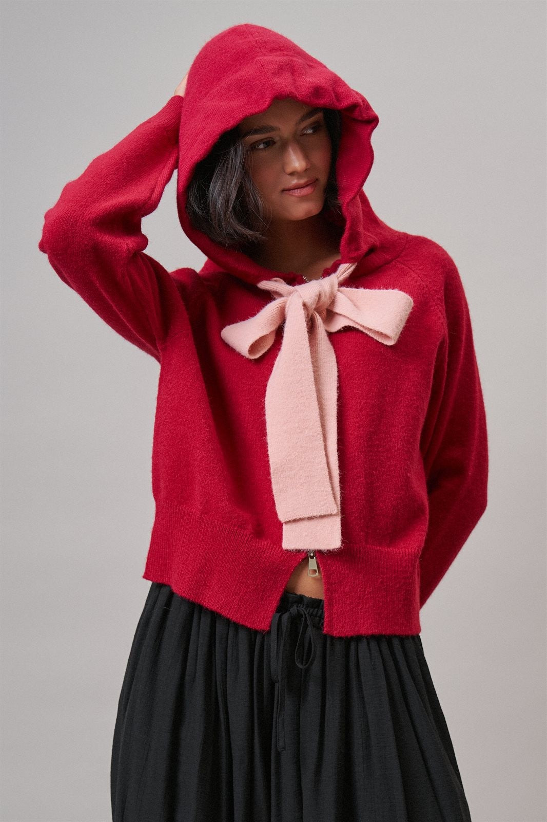 Contrast Bow Tie Knit Hoodie Zip-Up Sweater in Red Pink - Women's Cardigans & Shrugs | Urban Daizy