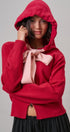 Contrast Bow Tie Knit Hoodie Zip-Up Sweater in Red Pink - Women's Cardigans & Shrugs | Urban Daizy