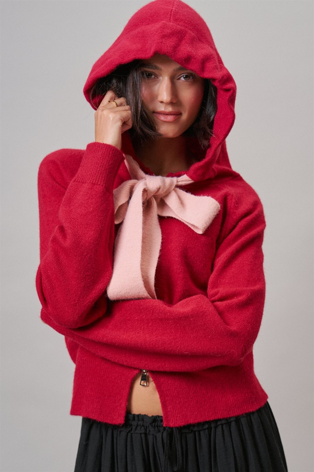 Contrast Bow Tie Knit Hoodie Zip-Up Sweater in Red Pink - Women's Cardigans & Shrugs | Urban Daizy