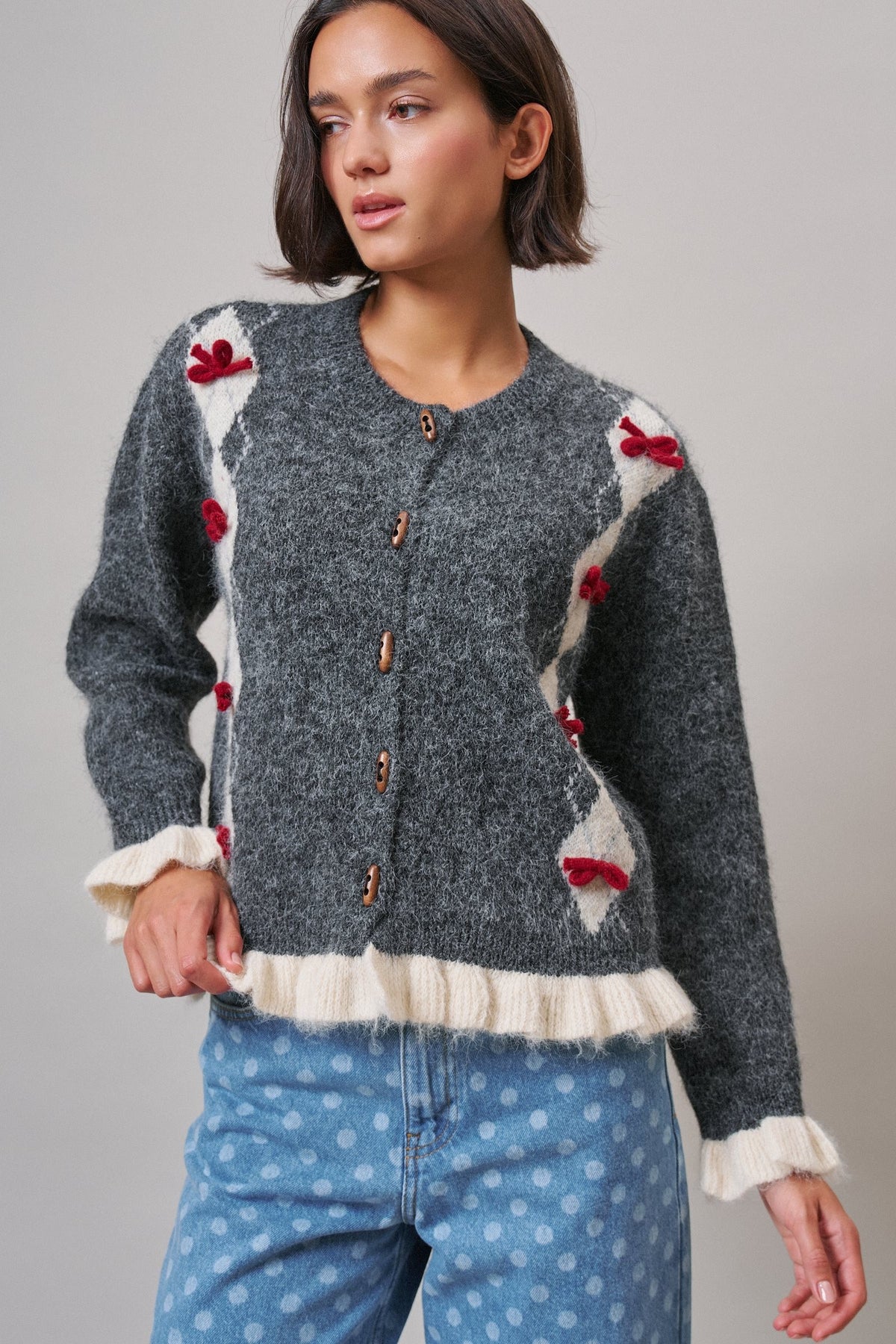 Alpine Bow Ruffle Cardigan in Charcoal - Women's Cardigans & Shrugs | Urban Daizy