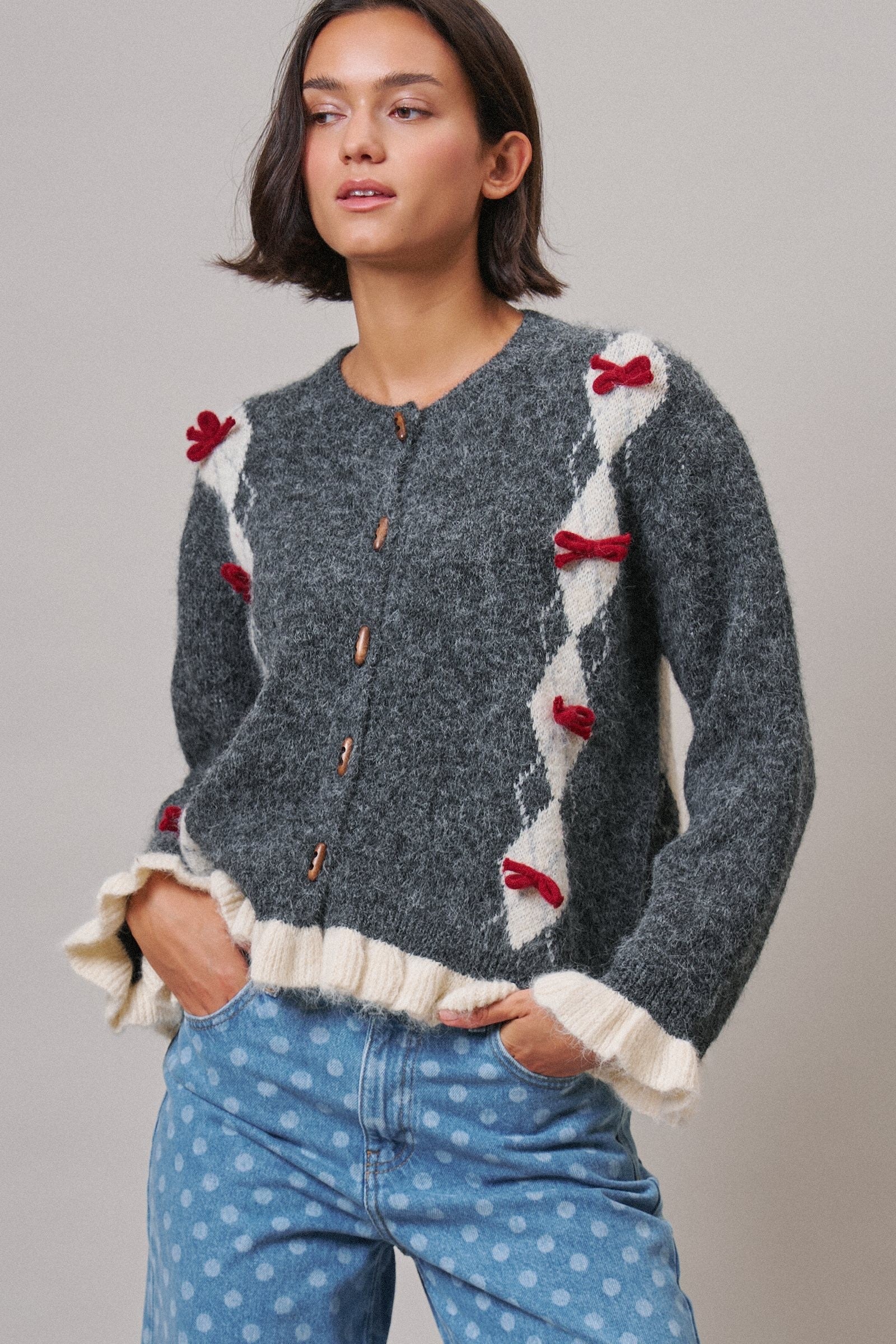 Alpine Bow Ruffle Cardigan in Charcoal - Women's Cardigans & Shrugs | Urban Daizy