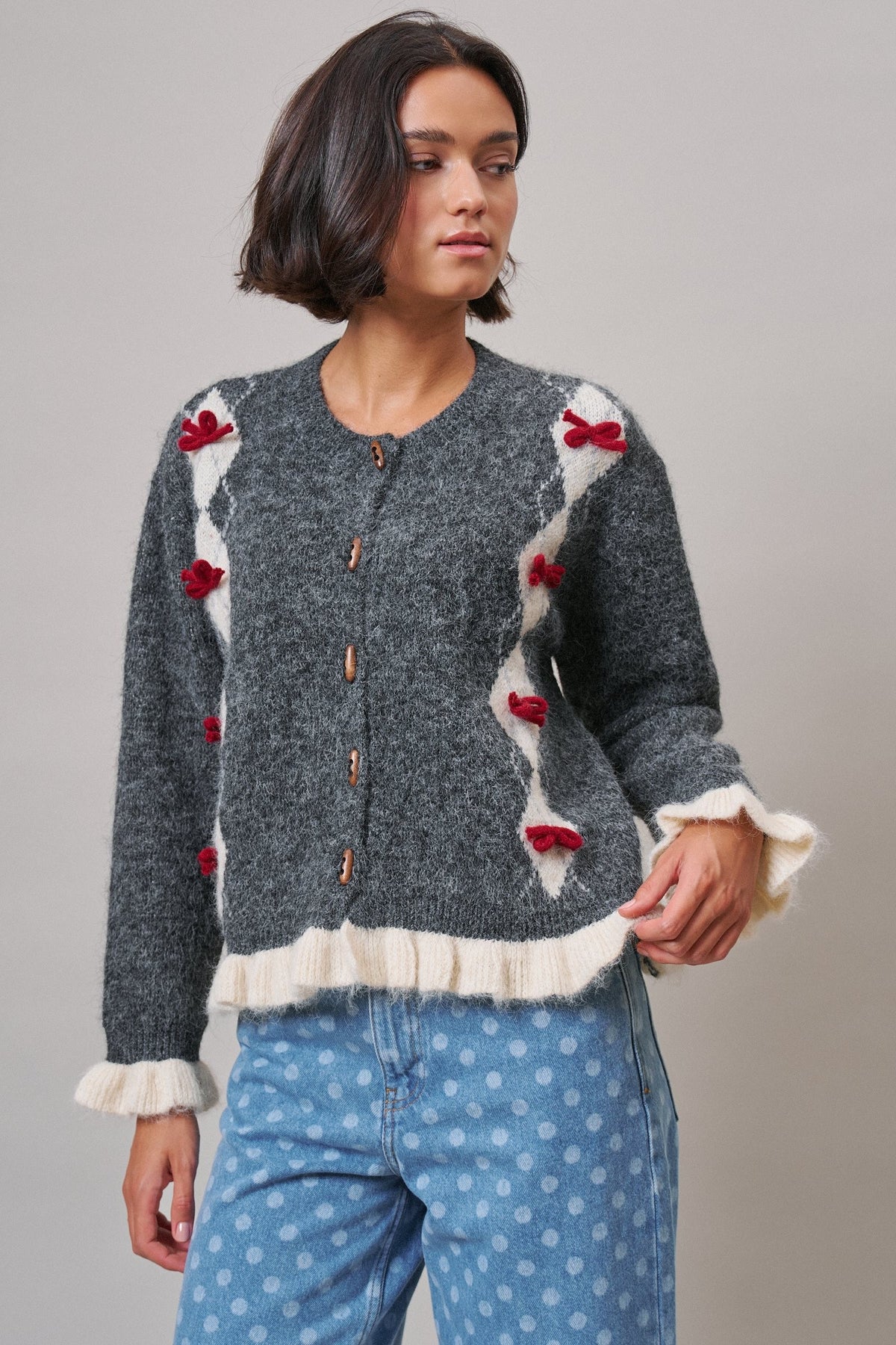 Alpine Bow Ruffle Cardigan in Charcoal - Women's Cardigans & Shrugs | Urban Daizy
