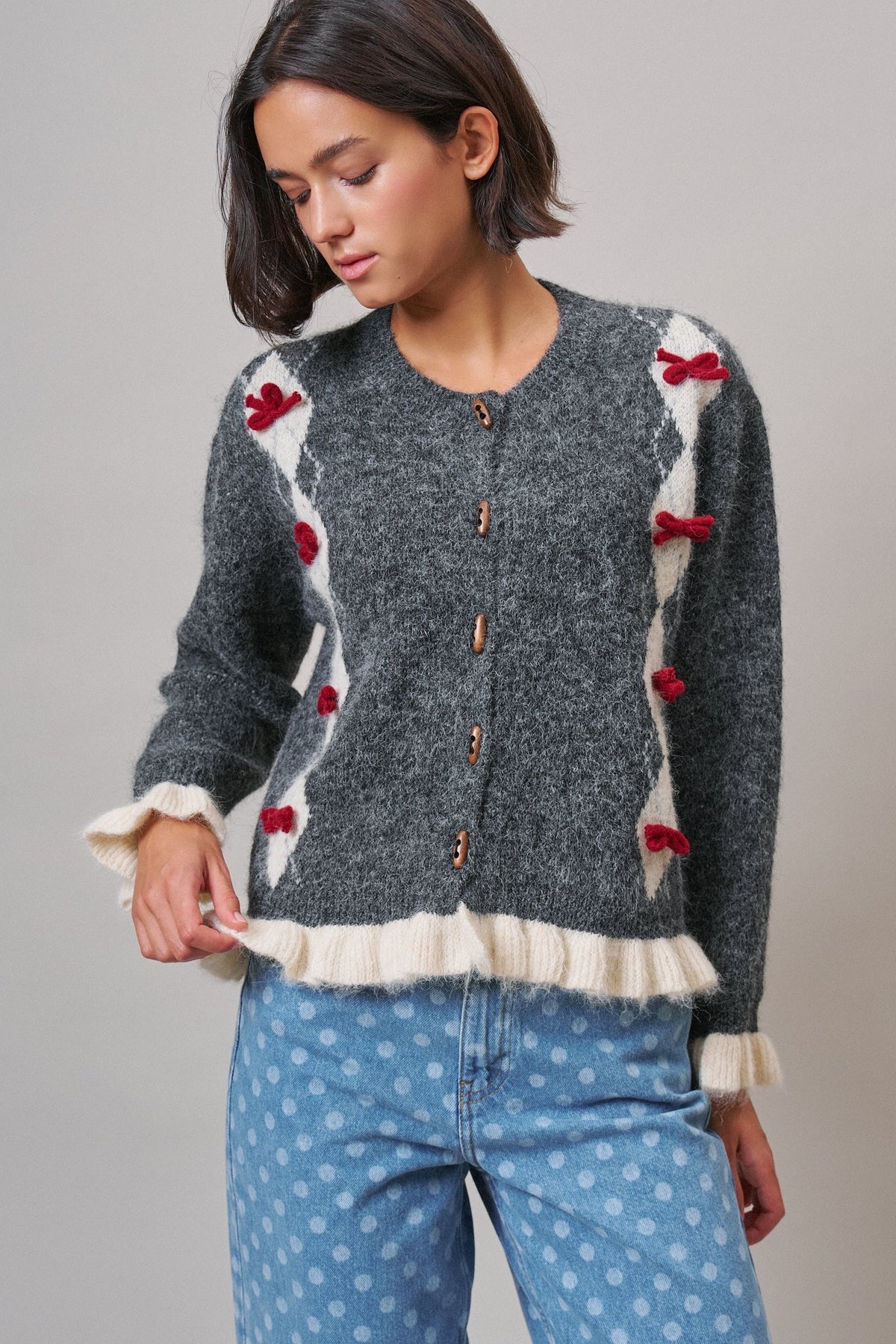 Alpine Bow Ruffle Cardigan in Charcoal - Women's Cardigans & Shrugs | Urban Daizy
