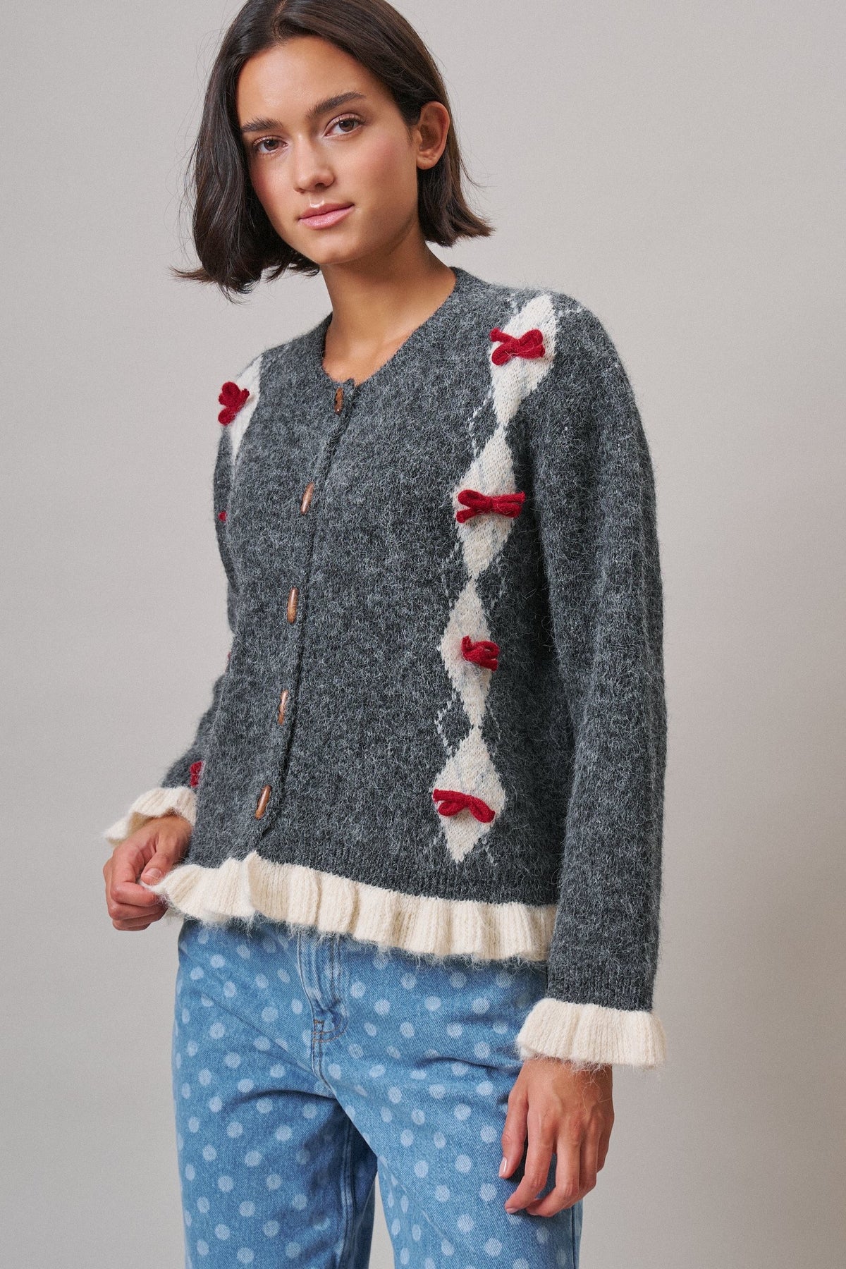 Alpine Bow Ruffle Cardigan in Charcoal - Women's Cardigans & Shrugs | Urban Daizy