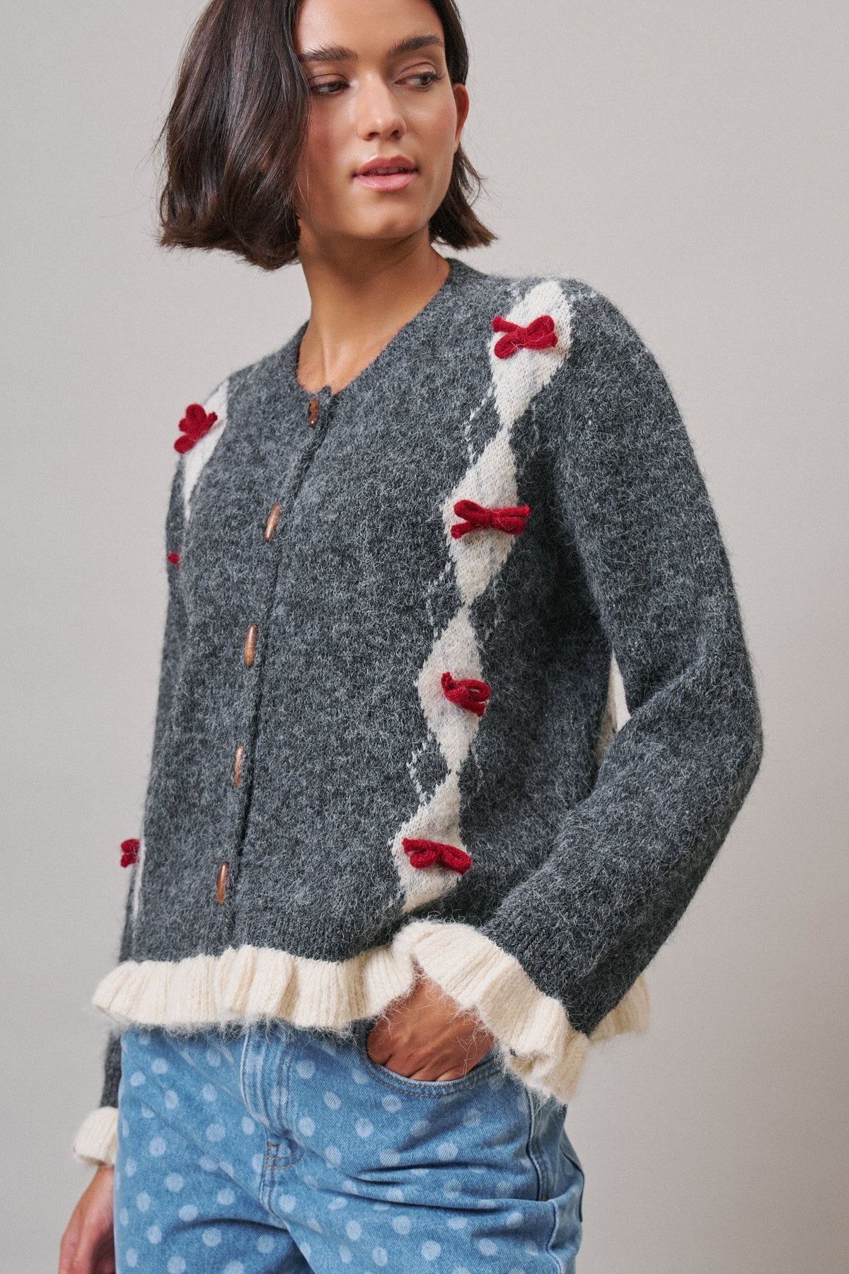 Alpine Bow Ruffle Cardigan in Charcoal - Women's Cardigans & Shrugs | Urban Daizy