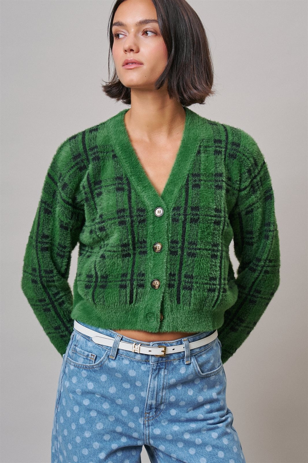 Prep School Plaid Crop Cardigan in Green - Women's Cardigans & Shrugs | Urban Daizy