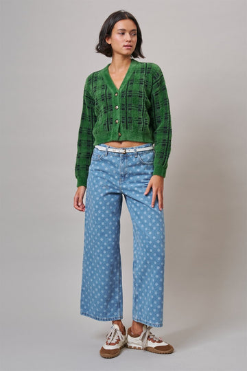 Brushed Fuzzy Plaid Cropped V-Neck Cardigan